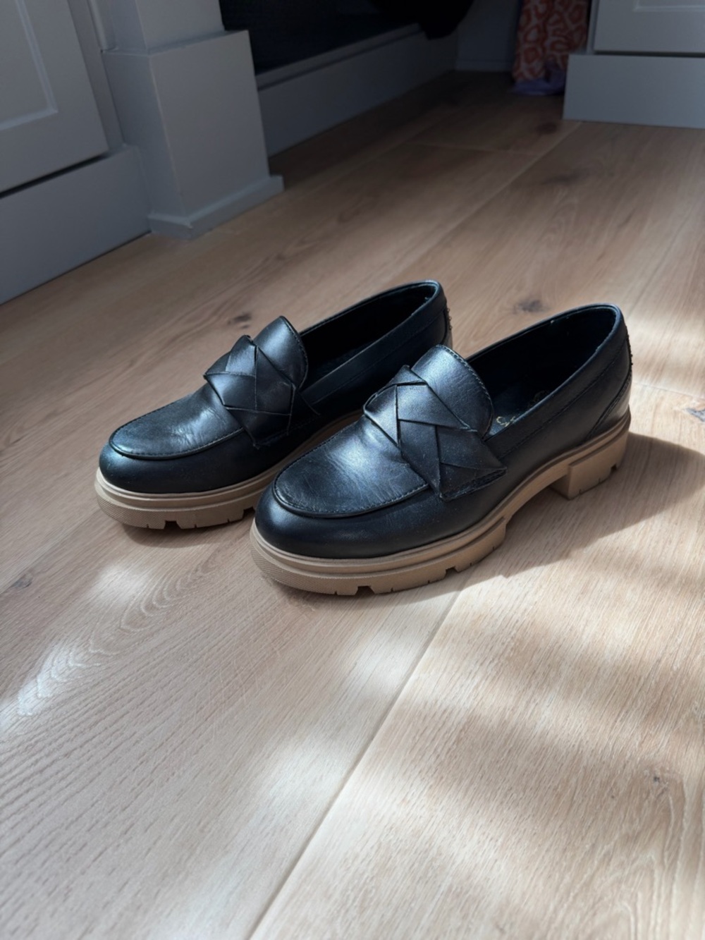 Vince Camuto Black Leather Woven Strap Slip-On Loafers